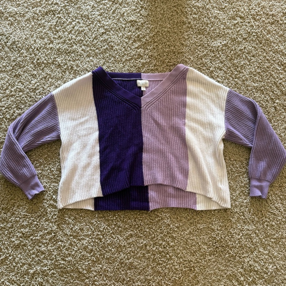 Elegant V-Neck Sweater in Purple and Cream